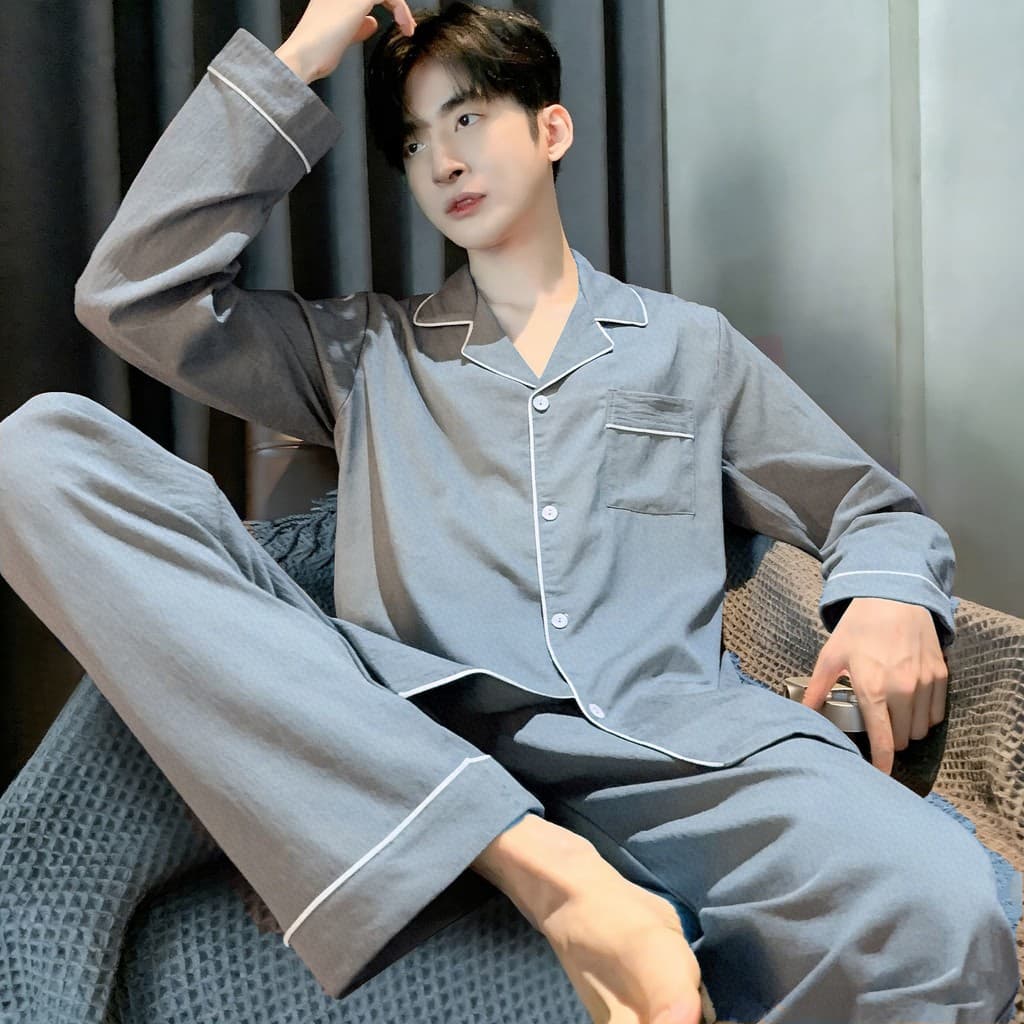 NASA Cloud Pijamas de algodão masculino primavera outono calças de manga comprida finas simples soltas terno de casa mas