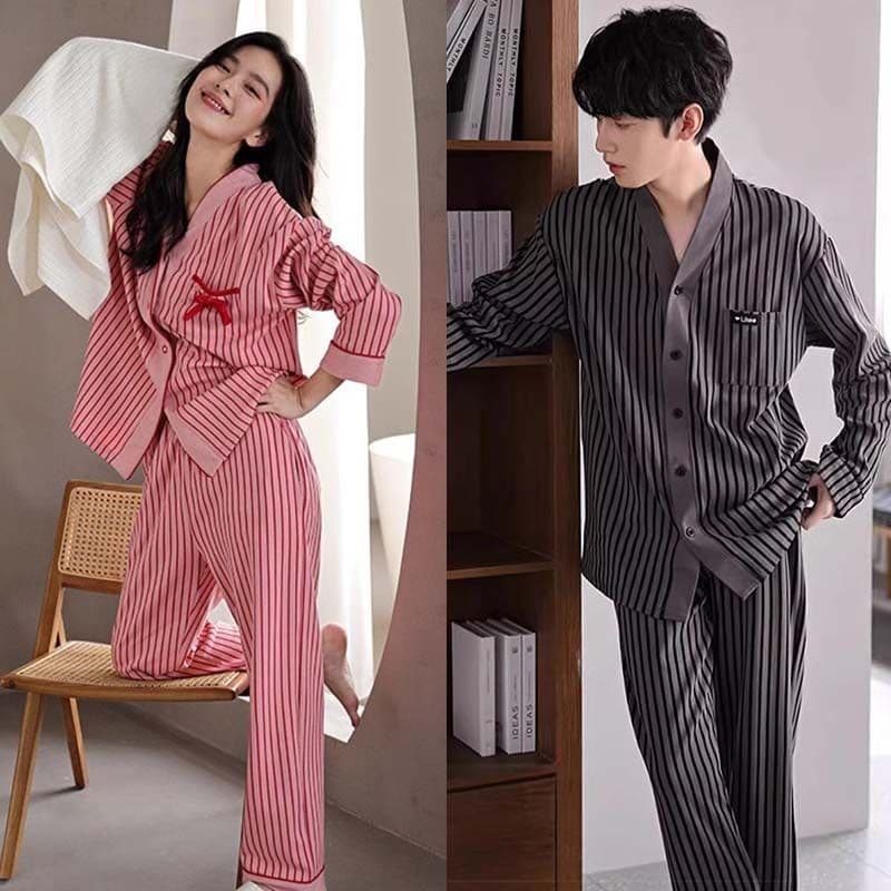 Casal pijamas com almofadas no peito feminino listrado luz luxo moda primavera outono Cardigan de manga comprida masculi
