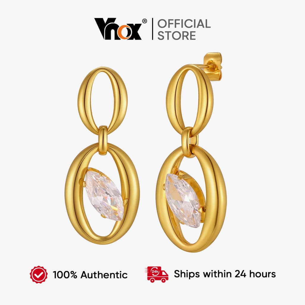 Brincos Pendentes de Zircônia para Mulheres Vnox, Estilo Simples, Banhados a Ouro 18K, Aço Inoxidável, Joia de Moda, Pre
