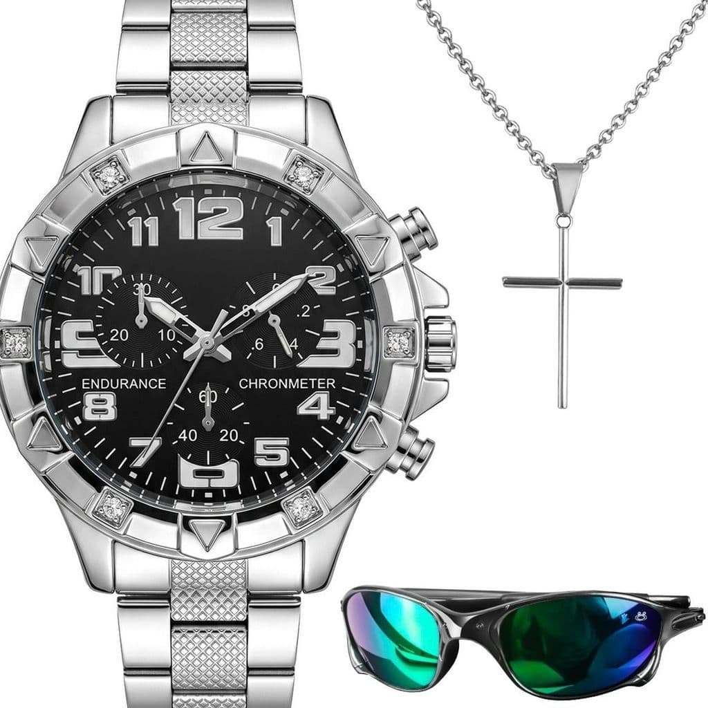 Relogio masculina prata aco inox + oculos sol jesus azul
