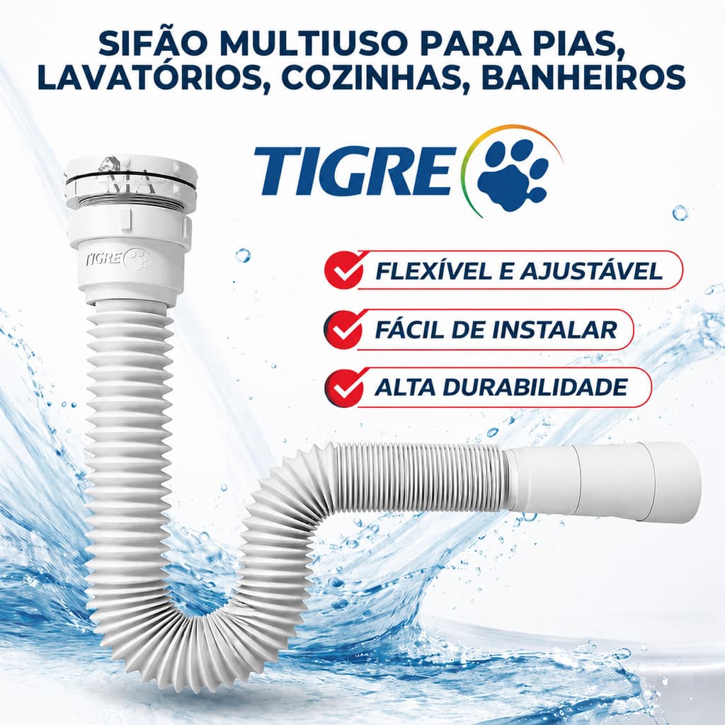 Sifão Universal Flexível Tigre para Pia, Cozinha, Tanque, Lavatório Banheiro