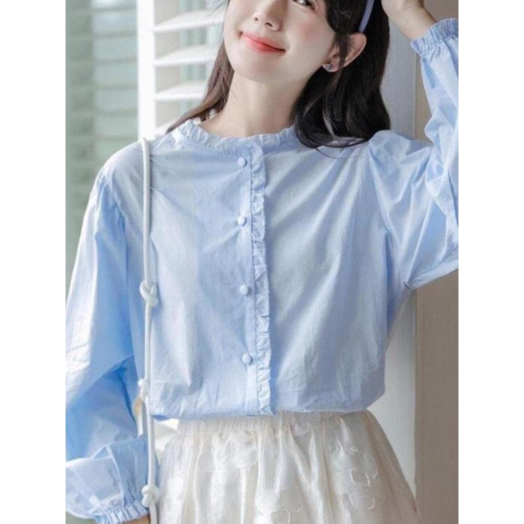 Camisa de temporada escolar feminina primavera outono Design nicho solto topo pequeno fresco doce camisa terno de duas p