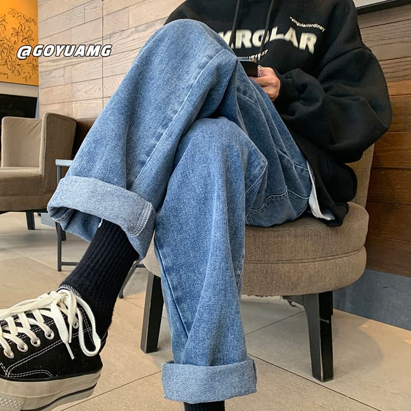 Calças de brim azuis masculinas primavera outono novo estilo na moda calças retas masculinas americanas High Street calç