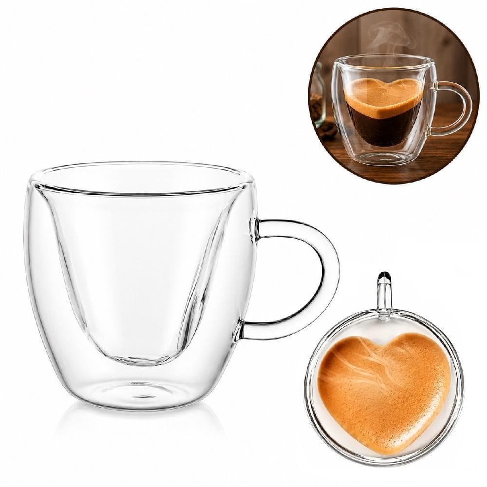 XICARA CORACAO VIDRO DUPLO 260ML BOROSSILICATO CANECA COM ALCA CAFE CHA CAPPUCCINO ROMANTICA