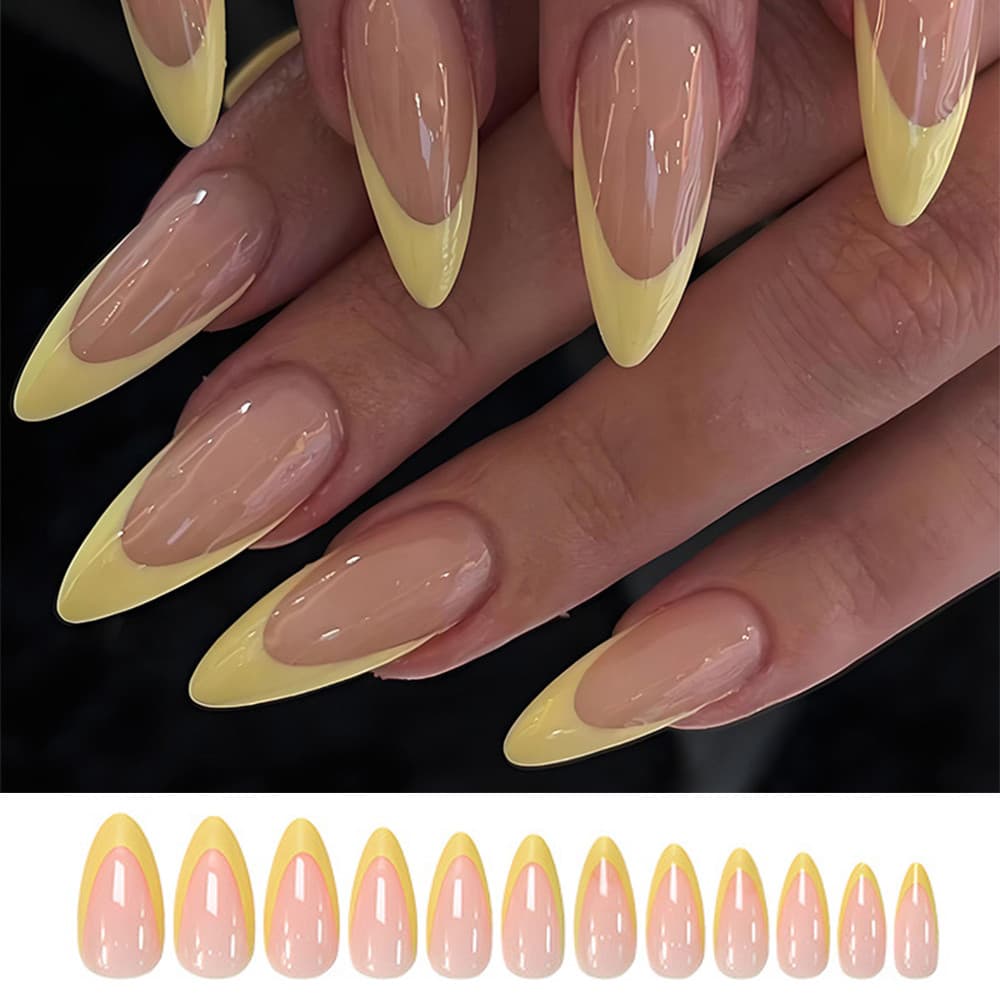 Prensa De Extensão 3D Para Unhas Falsas , Manicure De Amêndoa Francesa Amarela Artificial , Cobertura Completa , 24 Peça
