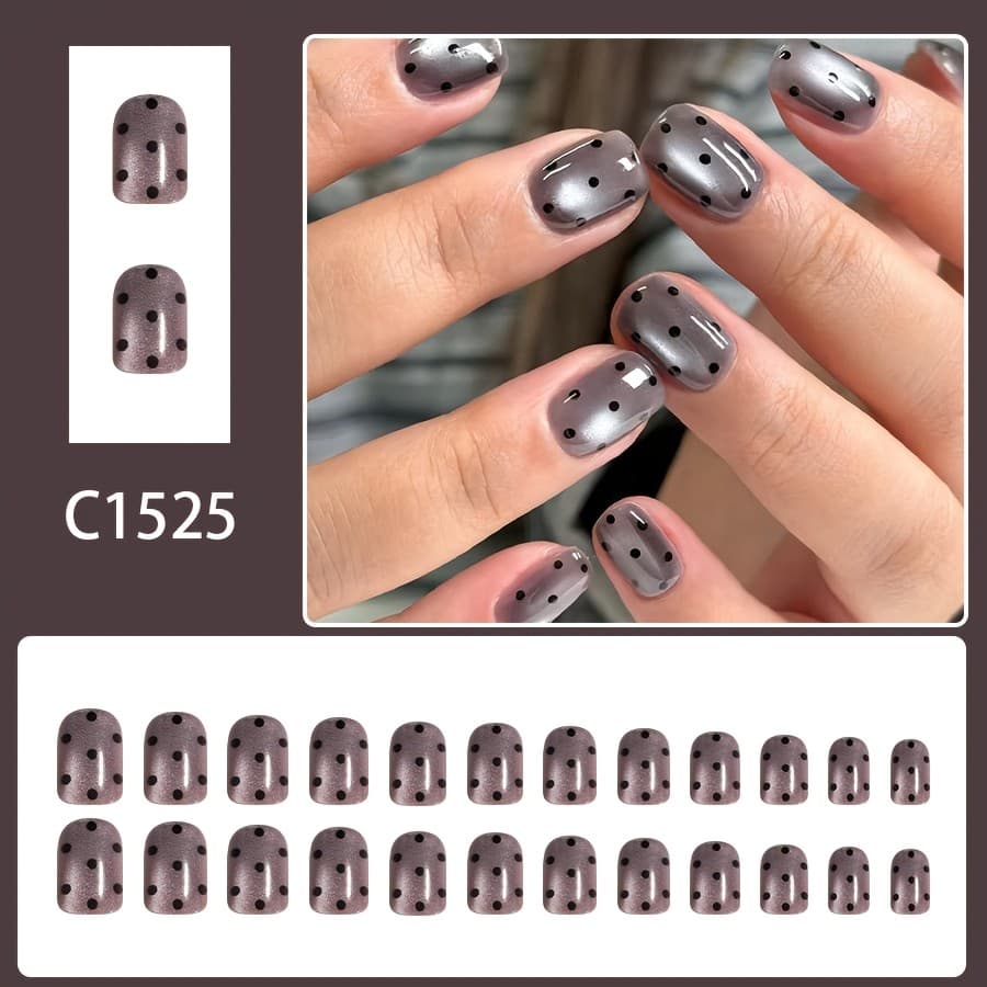 24 peças de unhas quadradas curtas legais, bonitos, simples, olho de gato, série de bolinhas, prata, cinza, olho de gato