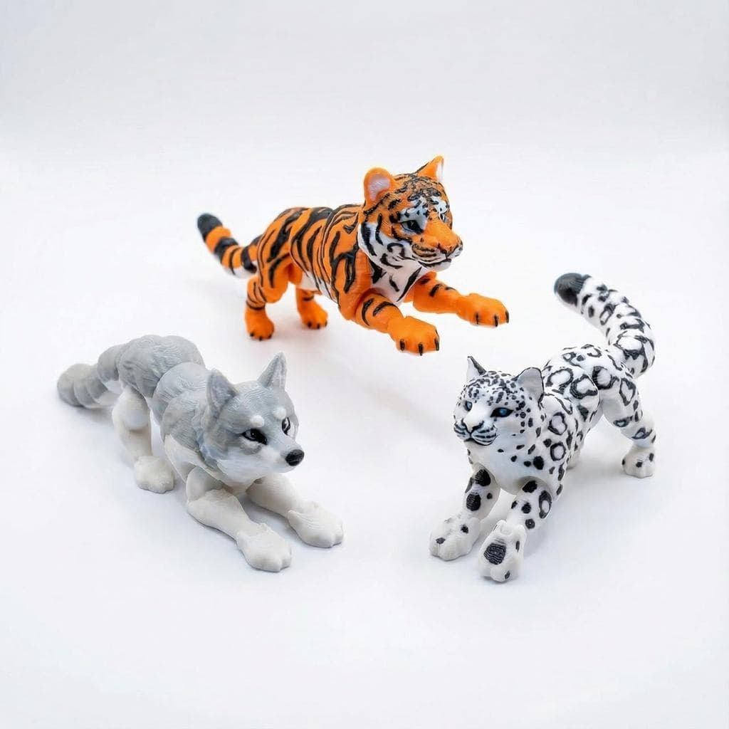 Conjunto de 3 Animais Impressos em 3D - Figuras de Ação Articuladas de Leopardo-das-Neves, Tigre e Lobo Cinzento, Brinqu