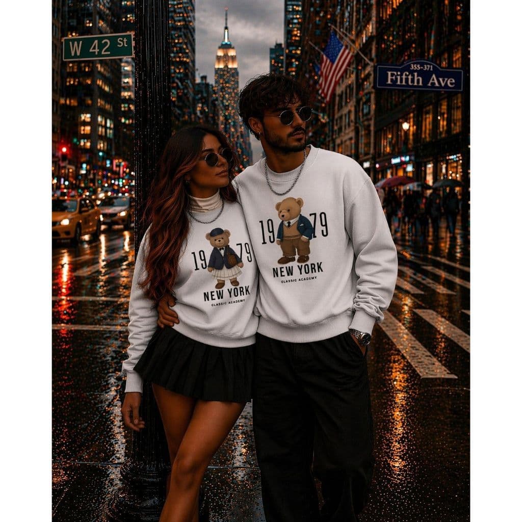 Kit Casal 2 Moletons Urso Terno e Vestido New York Moletom Unissex Blusa de Frio Inverno