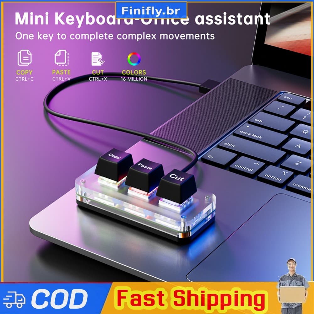 RGB Mini Cut Copy Paste Teclado Útil Programável De 3 Teclas USB Tipo-C
