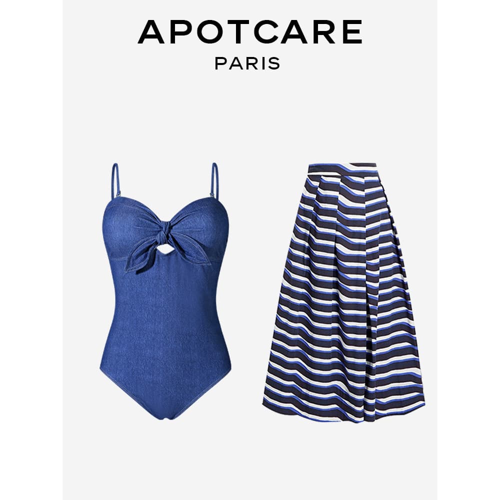 Francês APOTCARE 2025 novo estilo Denim maiô de uma peça Retro capa barriga mais magro olhar maiô férias praia saia