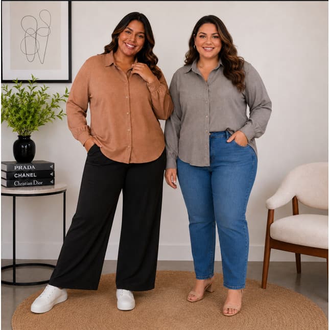 Camisa Feminina Plus Size em Duna Linho com Botões