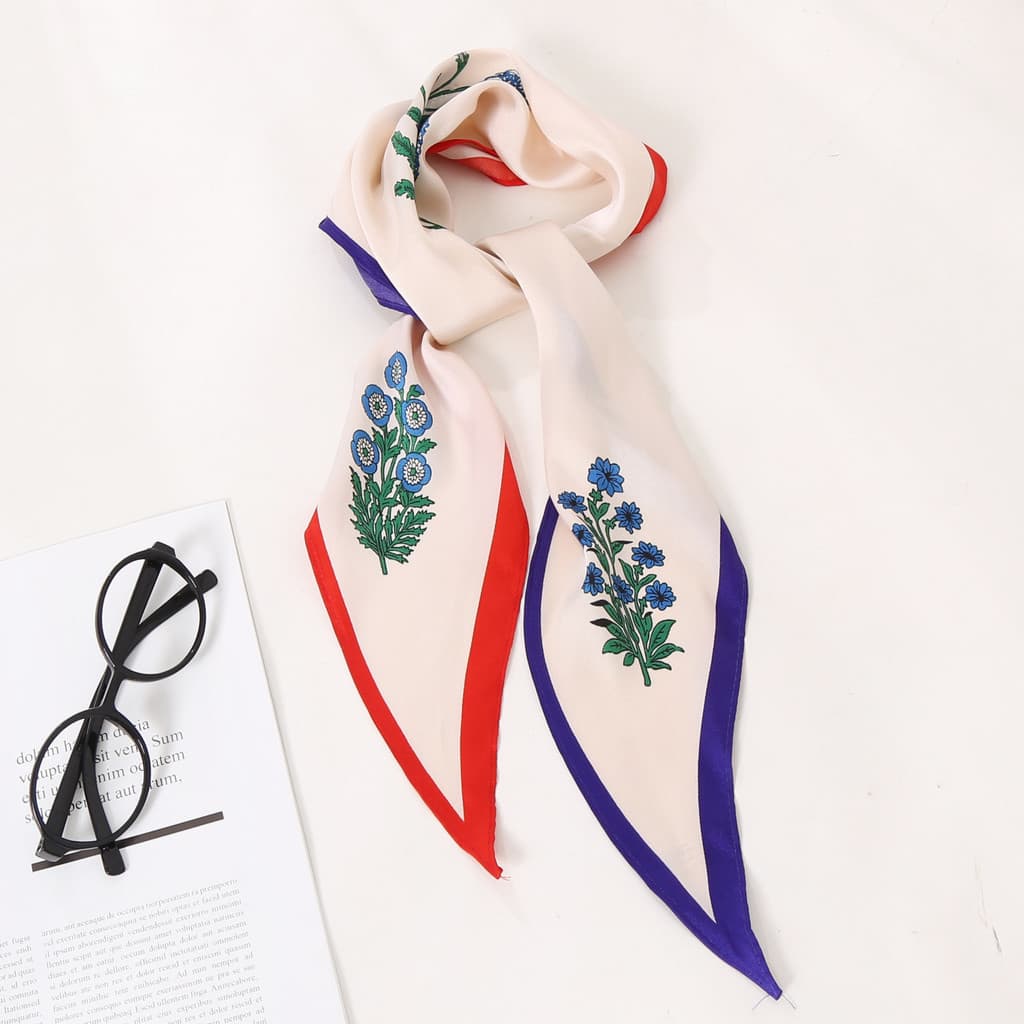 Lenço quadrado feminino de cetim sarjado com padrão de diamante, estilo coreano, lenço floral fino de verão, lenço de se