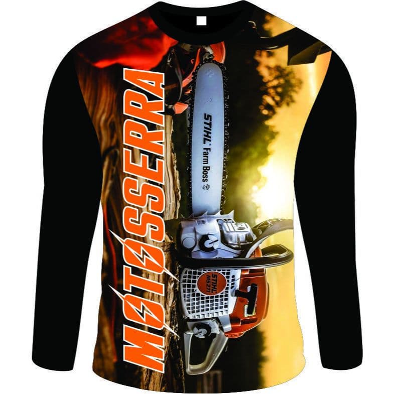 Camiseta Frontal E Traseira De Máquina De Motosserra Estampada De Manga Comprida .