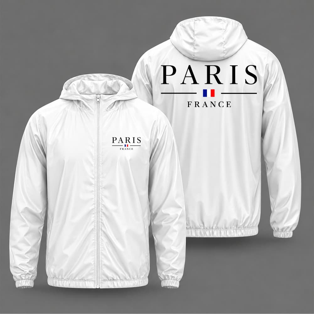 Jaqueta corta vento tactel leve fitness slim com bolso e capuz paris minimalista france arte