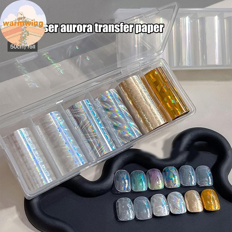 Warmwing 6 Rolos Elegante Aurora Laser Colorido Arte Do Prego Folhas De Transferência Stier Cola Adesivo DIY Manicure Ac