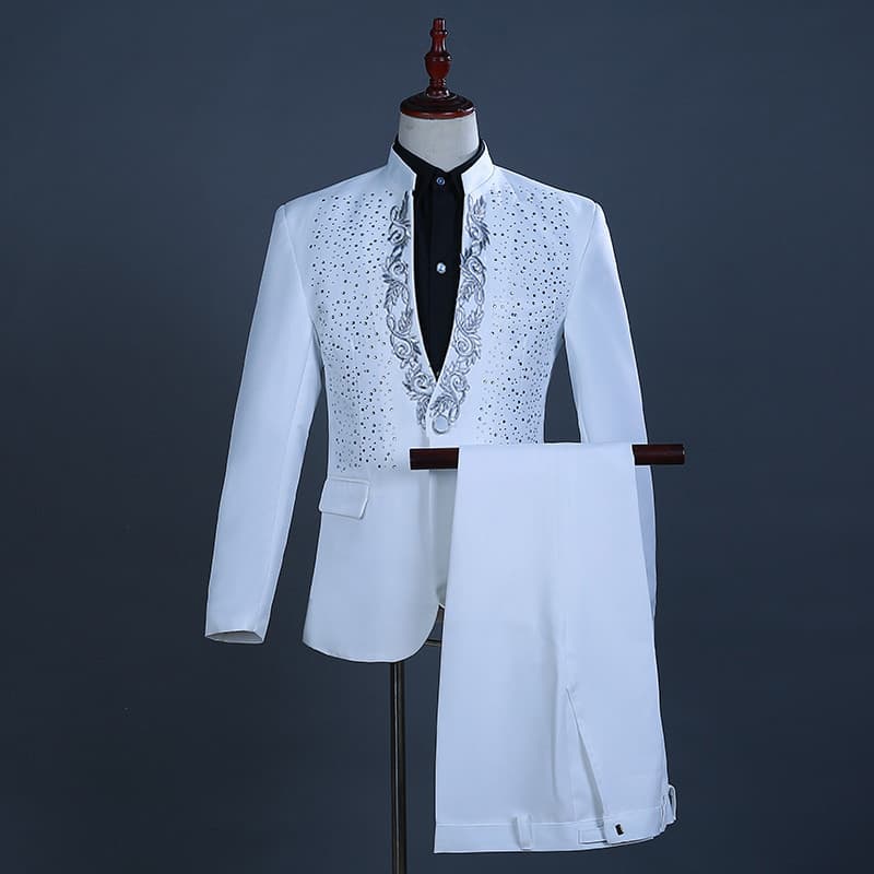 Masculino gola alta reunião anual anfitrião terno terno cantor palco desempenho vestido de festa quente diamante decalqu