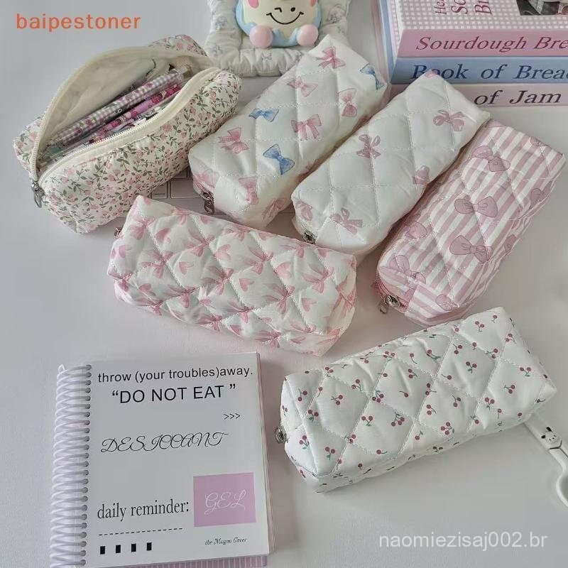 [baipestoner] Estojo De Lápis Com Flores De Cerejeira Nó Fofo Bolsa De Armazenamento De Papelaria De Grande Capacidade M
