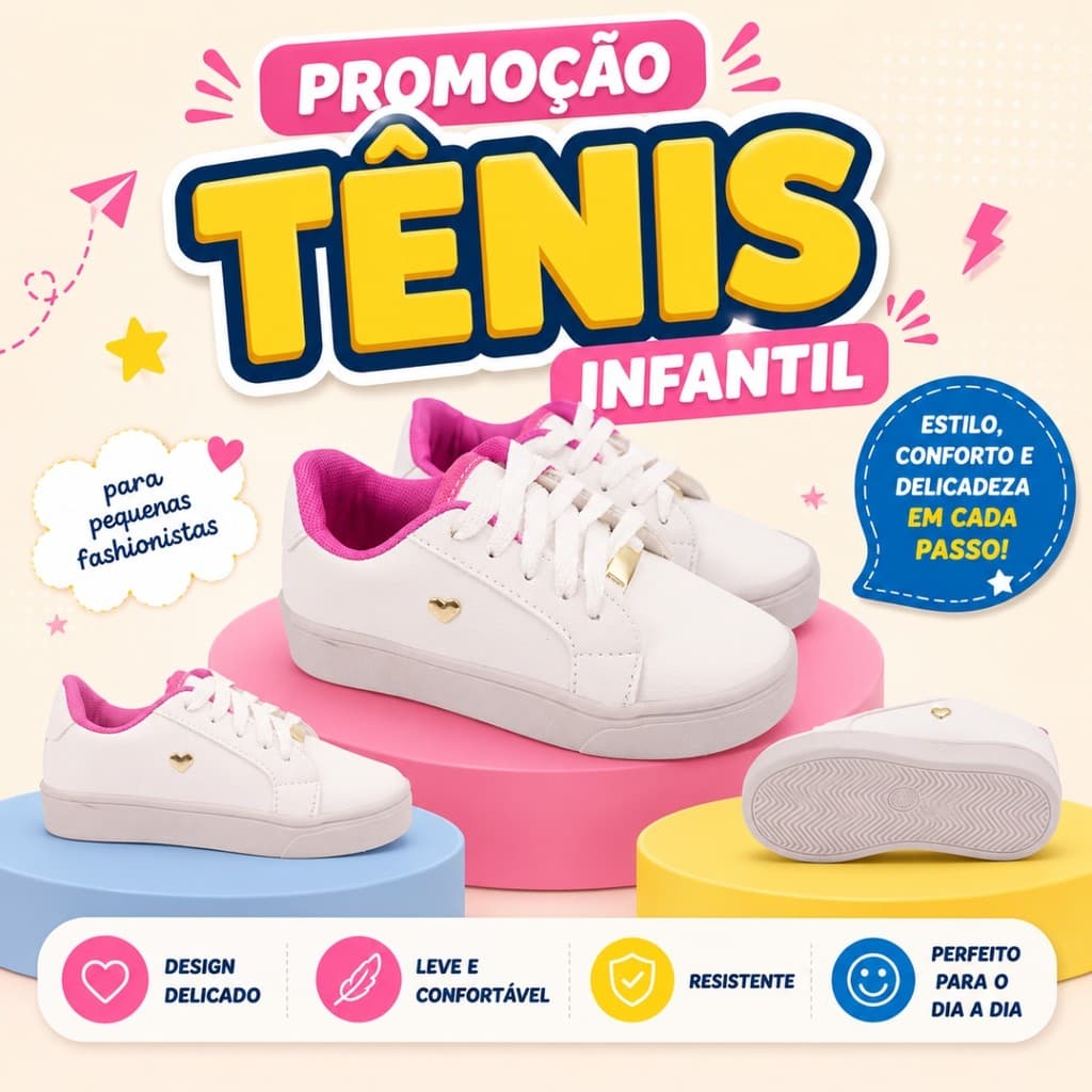 Tênis Infantil Feminino Preto Com Rosa Estilo Fashion Conforto E Leveza Para Uso Diário
