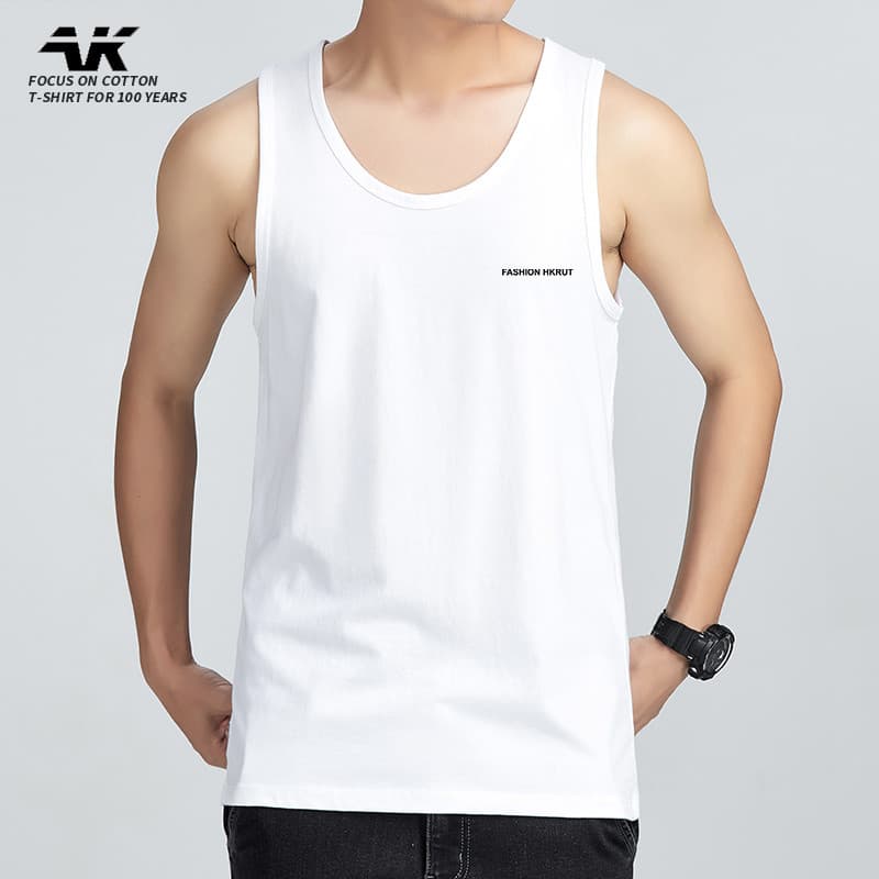 Colete masculino americano estampado, camiseta solta sem mangas de algodão puro, cor sólida, gola redonda, roupas esport