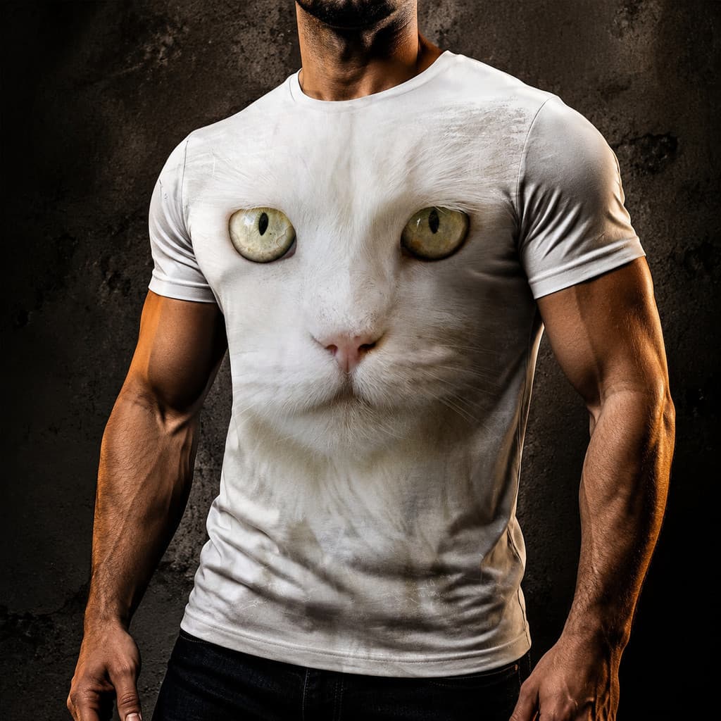 Camiseta Masculina Oversized Estampa Rosto de Gato Manga Curta Casual Verão