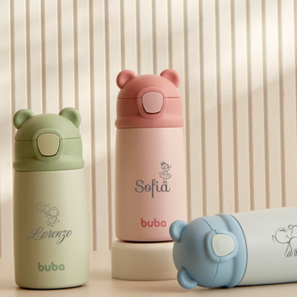 Garrafinha Térmica Infantil Ursinho Azul Buba Parede Dupla PERSONALIZADO com o nome