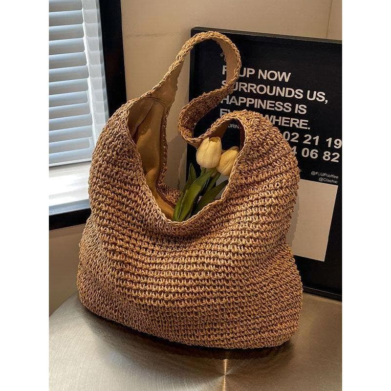 Lazer férias estilo palha tecido saco feminino 2026 novo estilo moda beira-mar praia tecido bolsa de ombro grande capaci