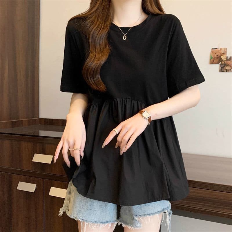 Tamanho grande estilo chinês feminino comprimento médio em torno do pescoço de manga curta camiseta novo estilo verão ma
