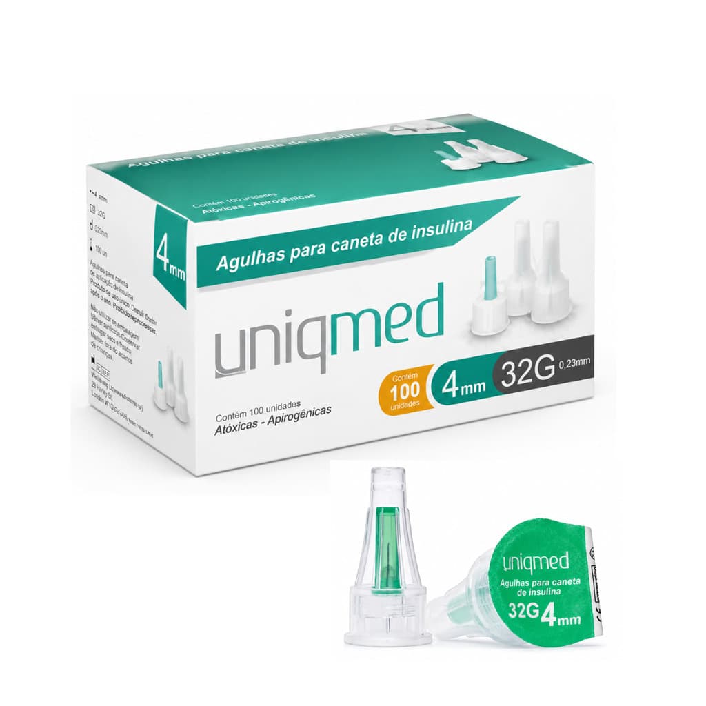 Agulha Para Caneta de Insulina 4x0,23mm Kit Até 300un Ultrafina 32g Uniqmed