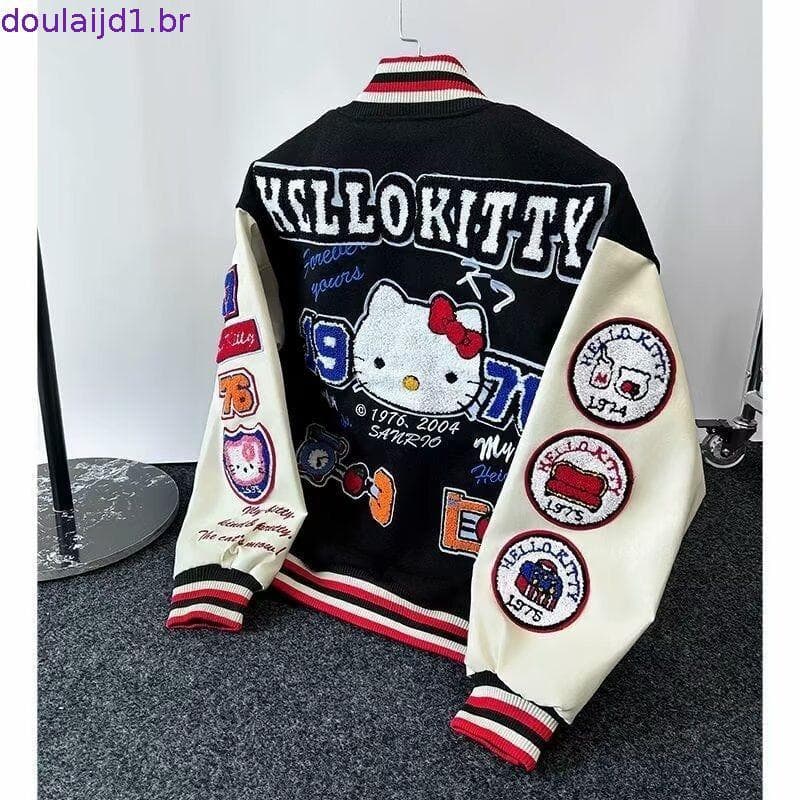 Jaqueta de Beisebol Unissex Estilo Retrô Americano com Patchwork Bordado Hello Kitty da Marca Fashion G 8896