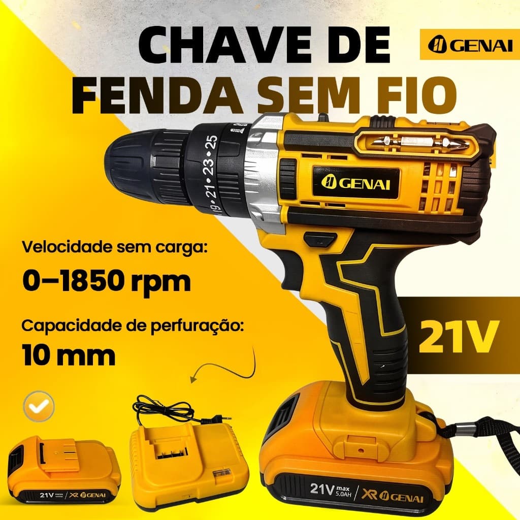 Furadeira/Parafusadeira Sem Fio De 21V Com Caixa De Ferramentas e 22 Acessórios Inclui Duas Baterias.