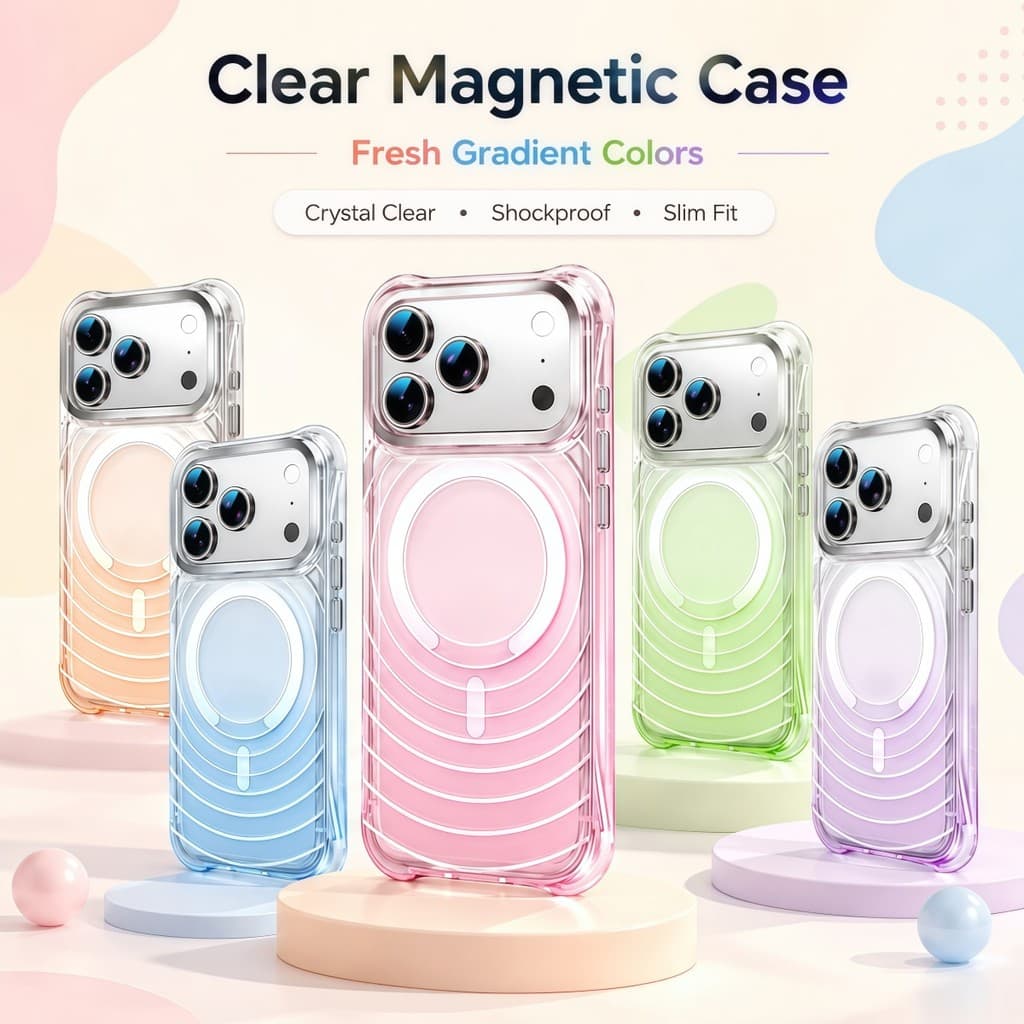 Luxo Claro Ondulação Magnética Caso De Telefone Para iPhone 13 14 15 16 17 Pro Max Gradiente Cor Transparente À Prova De