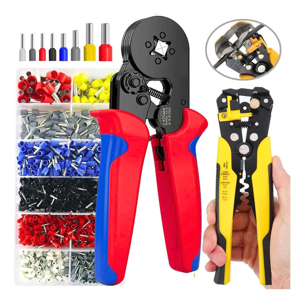 Kit Alicate de Crimpar Terminal com 1200 Ilhós Tubulares + Descascador Automático 0,25-10mm² - Estojo Organizador 1