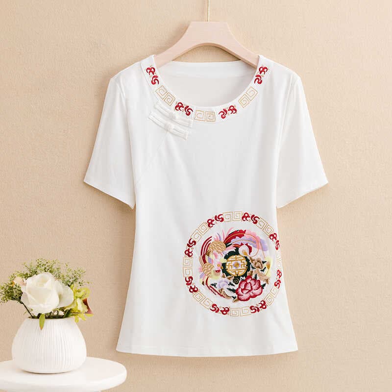 2025 Verão Novo Estilo Estilo Nacional Novo Estilo Chinês Bordado Camiseta Feminina Estilo Xiaoxiang Tamanho Grande Esti