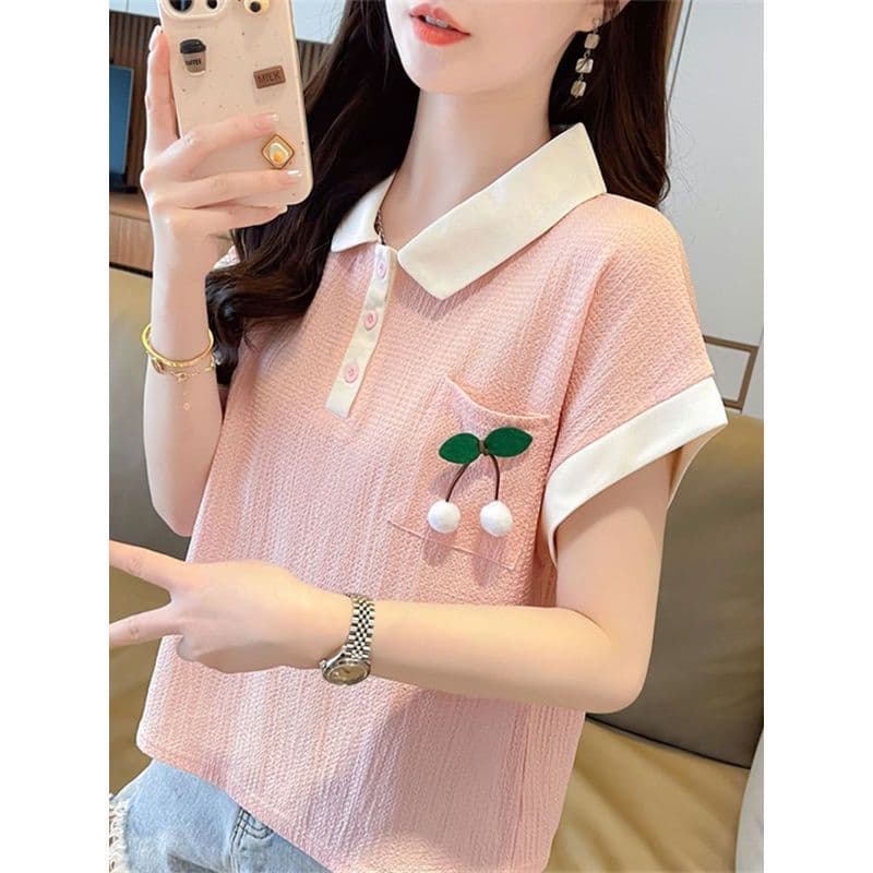 1-150kg tamanho Extra grande texturizado bolso gola polo topo feminino verão novo estilo solto mais magro olhar manga cu
