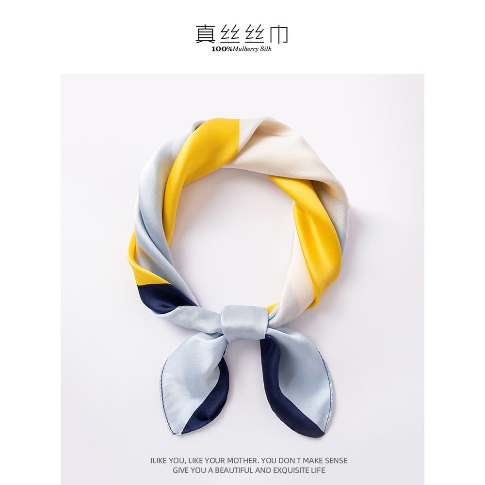 Bloco de cores azul amarelo 53cm lenço de seda pequeno lenço quadrado feminino pescoço mãe All-Match lenço de seda elega