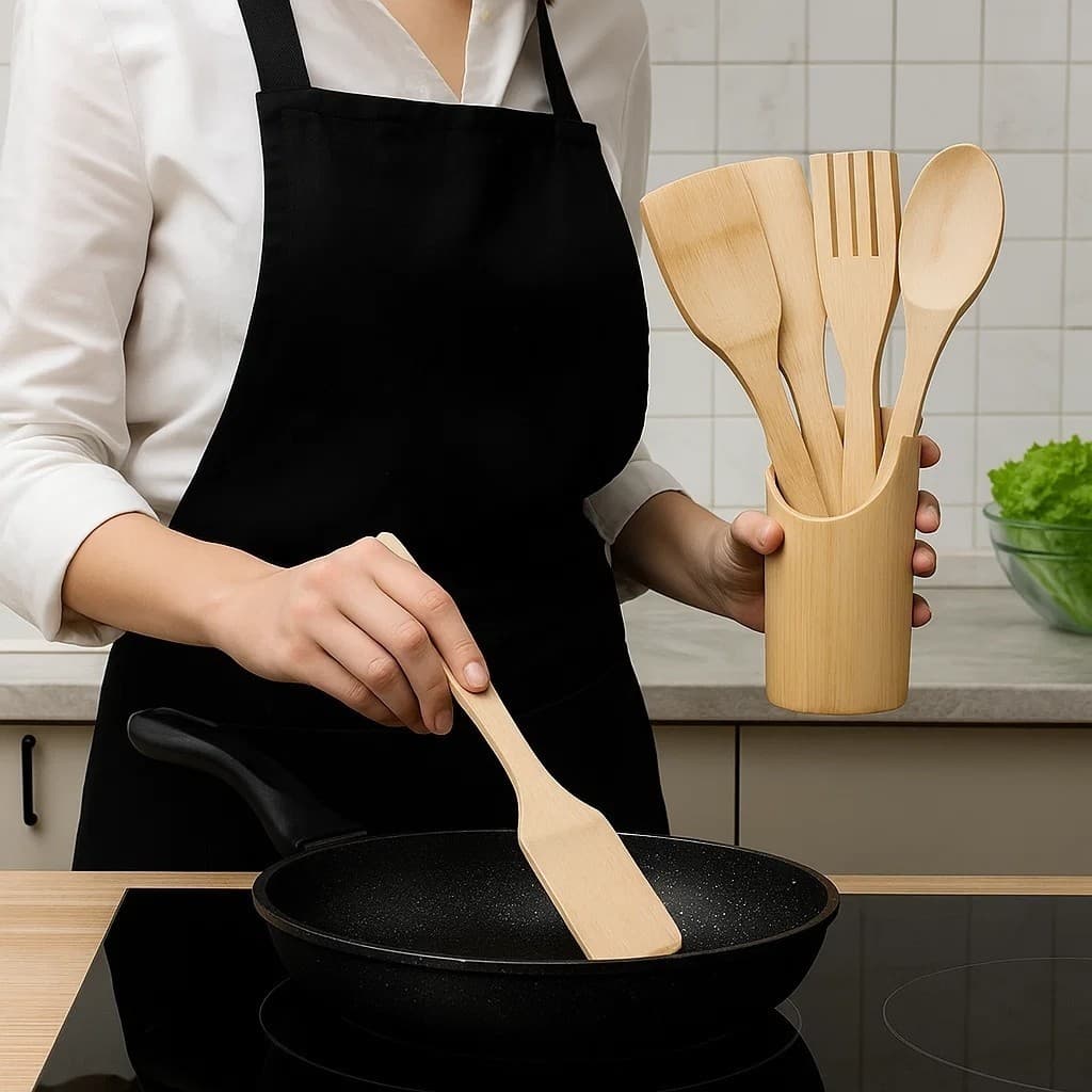 Kit Bambu 5 Peças Colher Espátula Natural Madeira Sustentável Cozinha Talheres Imperdível