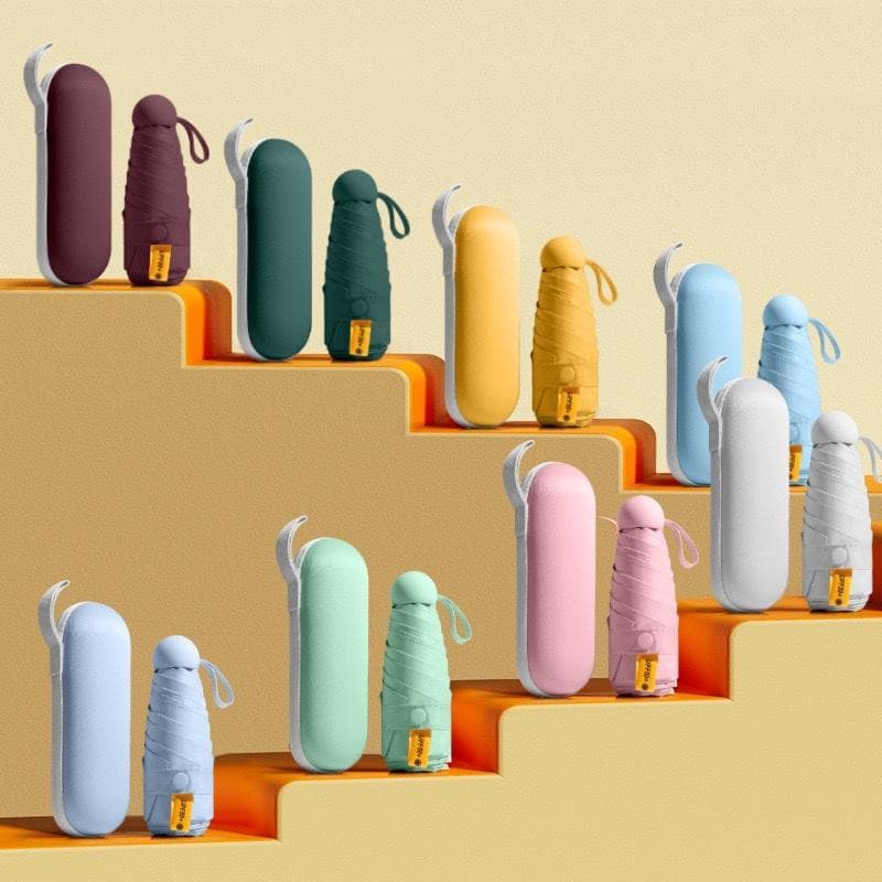 Guarda-Chuva Cápsula 5 Dobras Ultra Leve Mini Bolso Proteção UV Sol e Chuva Com Estojo Portátil