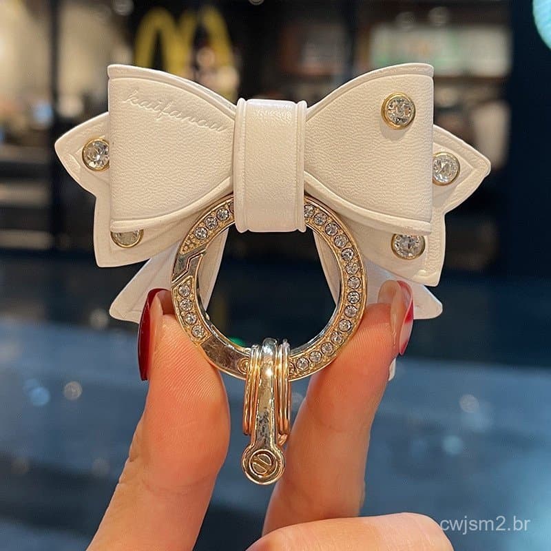Chaveiro Feminino para Carro com Strass Dourado, Anel de Metal, Laço de Couro, Acessórios para Chaveiros de Motocicleta