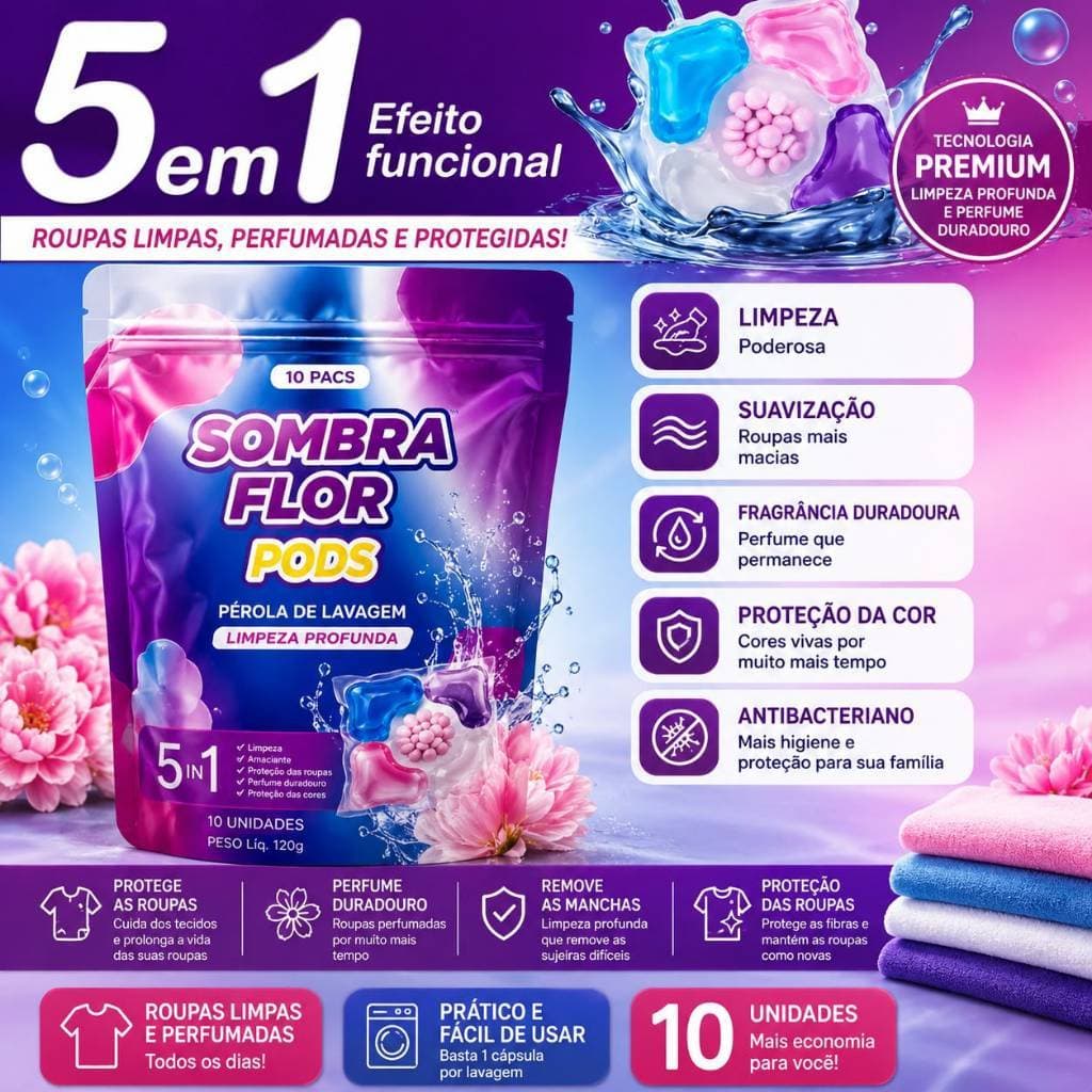 Cápsulas de Lavagem 5 em 1 Limpeza Profunda Perfume Floral P/Roupas Envio Imediato