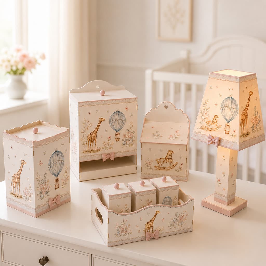 Kit Farmacinha Bebê 8 Peças MDF Safari Baby Rosa com Abajur e Organizadores
