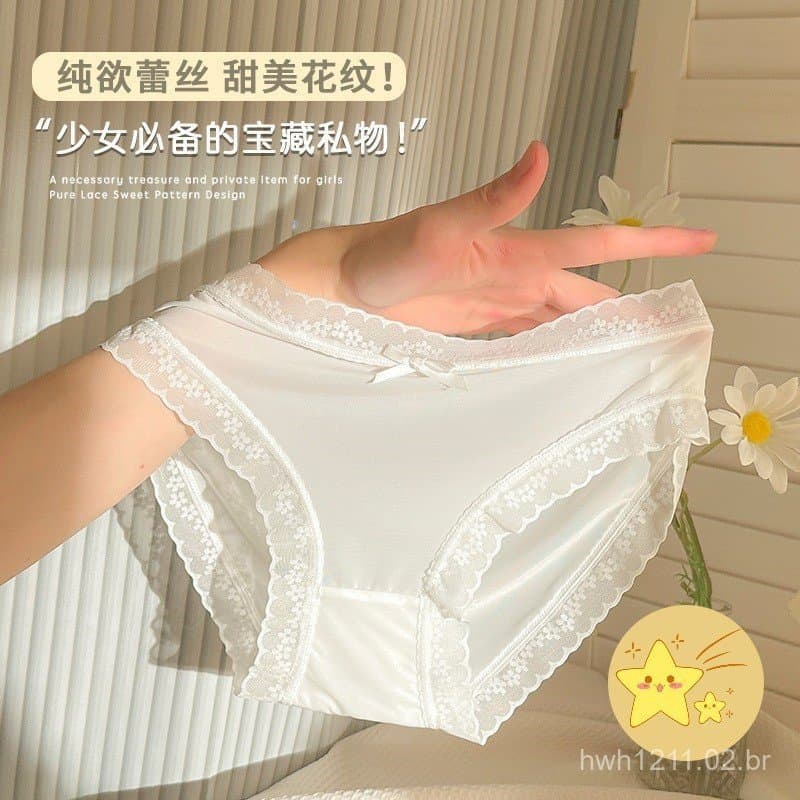 Série Fada Bonita~Calcinhas de Renda de Seda Fina Sem Costura para Mulheres, Calcinhas de Algodão Puro com Forro de Algo