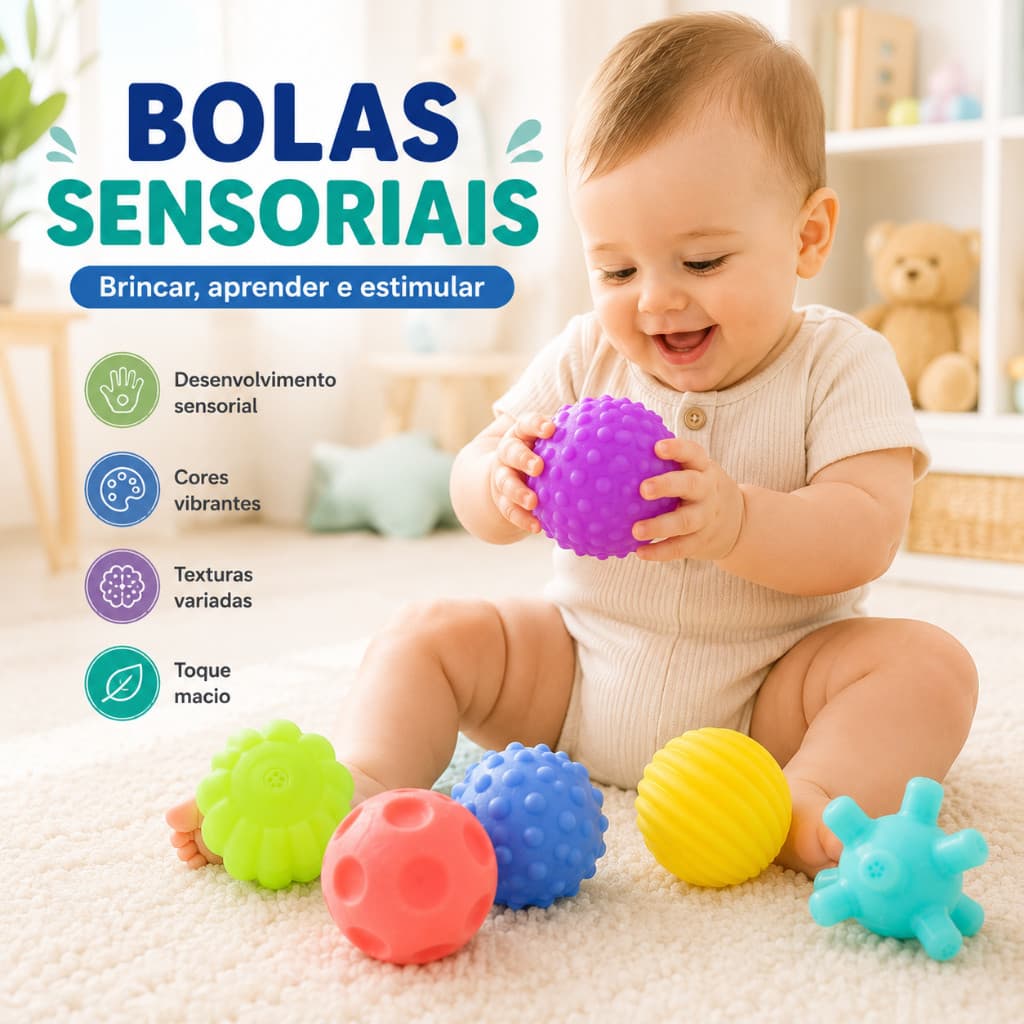 Kit 6 Bolas Sensoriais Montessori Baby Touch Ball Brinquedo Educativo Tátil para Bebê Banho Mordedor Coordenação Motora