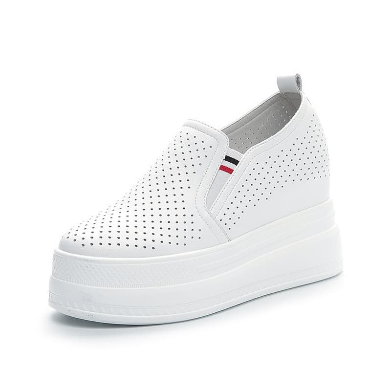 9cm Couro Genuíno Feminino Sapatos De Verão Cunha Branca Tênis Plataforma Salto Alto Respirável Slipon Calçados