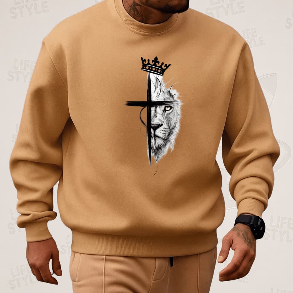 Moletom Masculino Blusa de Frio Gola Careca Estampado Leão Cruz Coroa 100% Algodão Envio Imediato