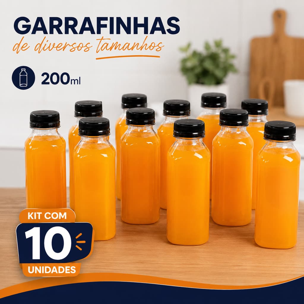Kit 10 Garrafas PET Tampinha Com Lacre Sucos Açaí Detox 200ml Quadrada