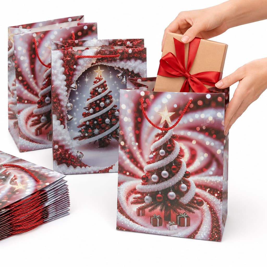 Kit 12 Sacolas de Natal M 26x32x10cm Papel Brilhante Com Alça de Cordão e Estampa Aleatória Festiva