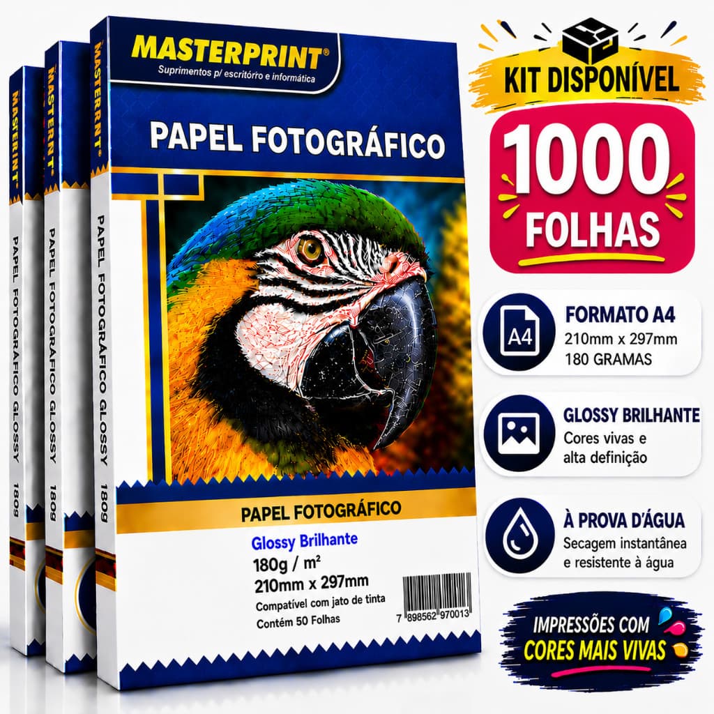 Kit 1000 Folhas Papel Fotográfico A4 Brilhante 180g Premium Glossy Masterprint Inkjet À Prova d´Água