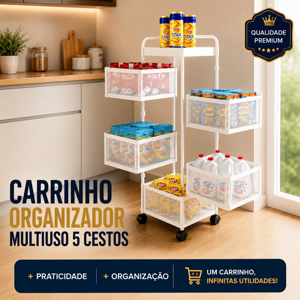 Fruteira Articulada 5 Andares com Rodinhas Cestos Giratórios Organizador Multiuso de Aço para Cozinha
