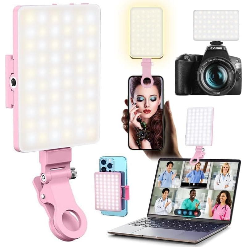 Luz de Selfie Portátil com 60 LEDs para Videoconferência, com Clipe e Adaptador para Tripé de Câmera, Recarregável 2000m