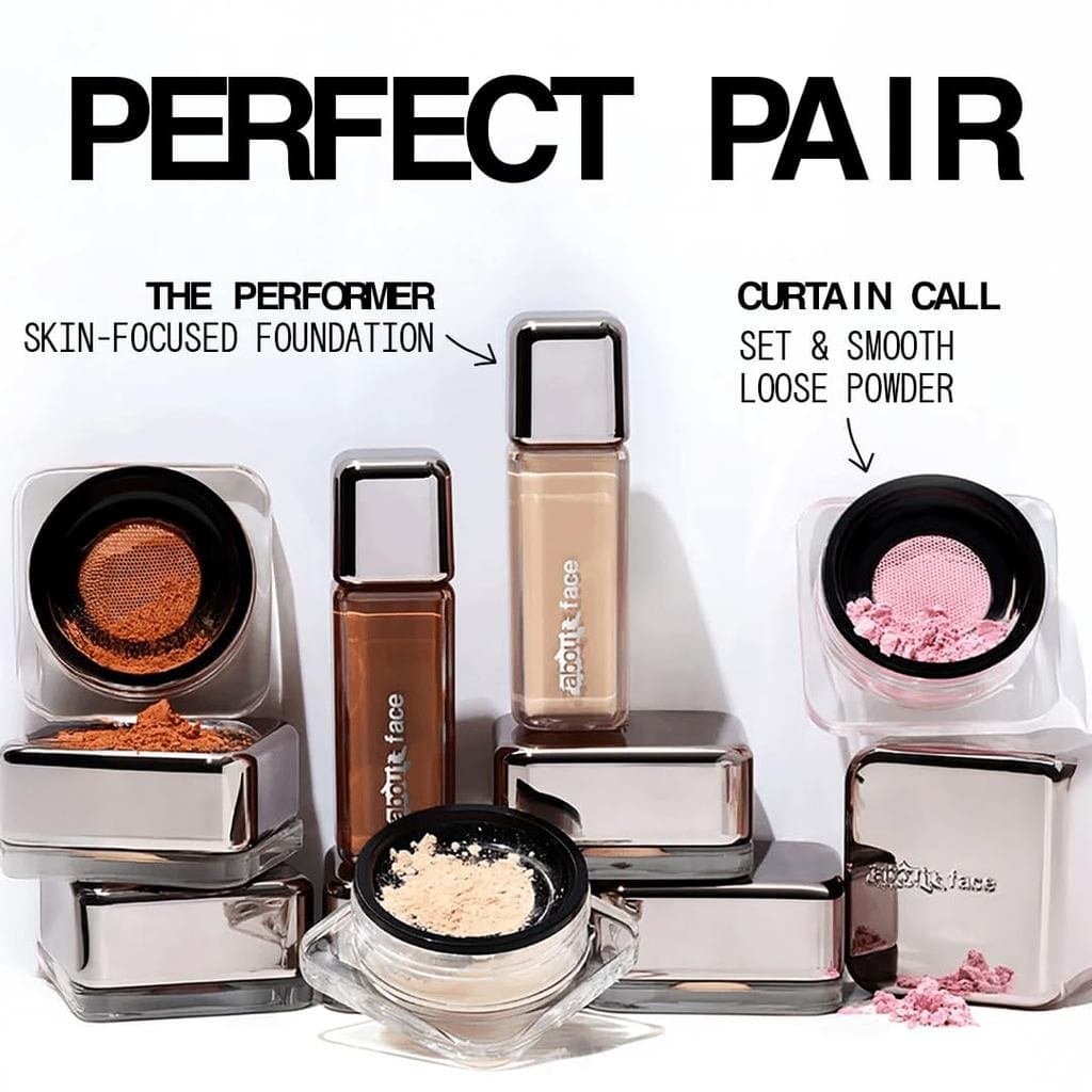 about-face Curtain Call Set & Smooth Loose Powder Bow – Pó fixador leve, absorvente de oleosidade, com fécula de arroz e